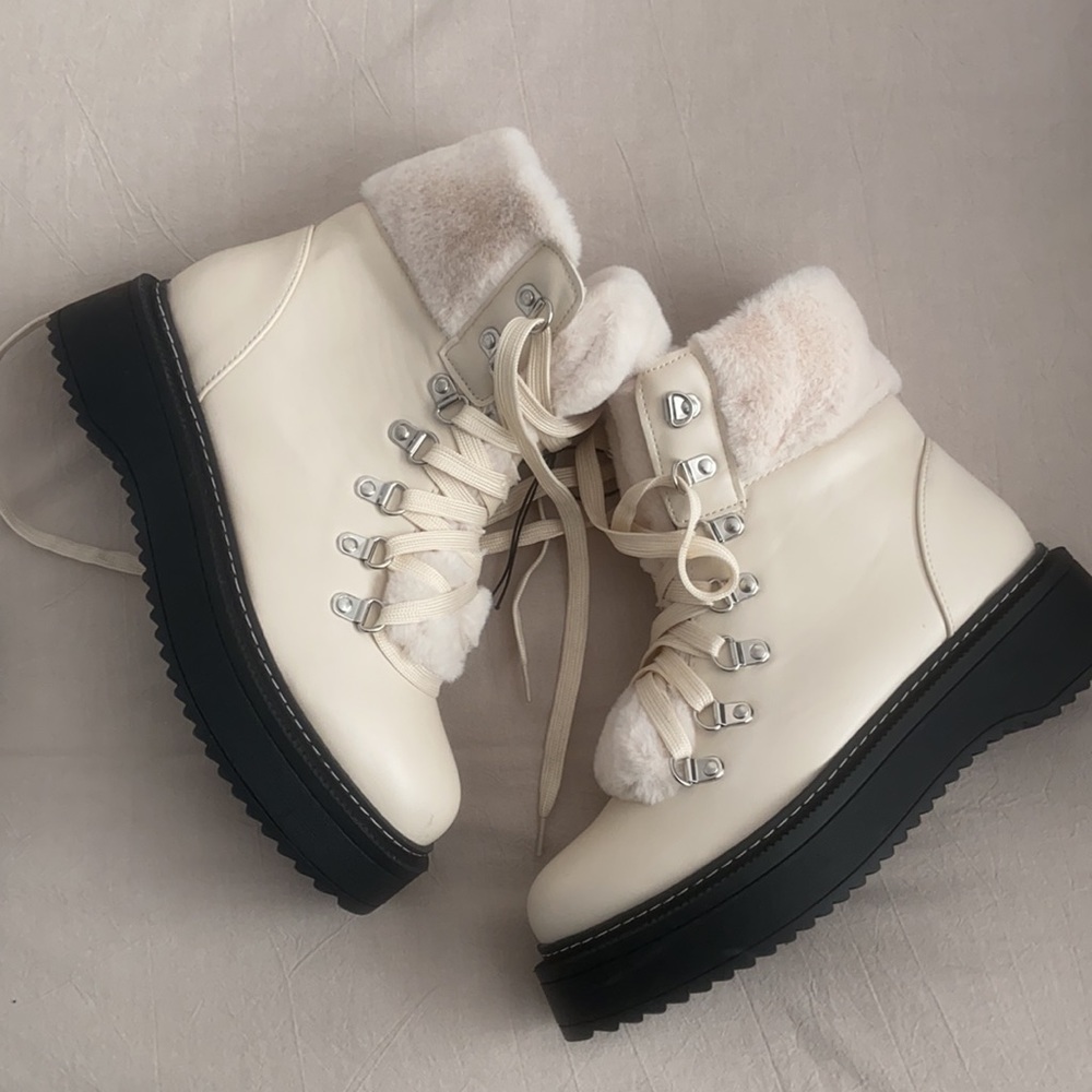 NEW Nicole Miller Faux Fur Moto Booties Cream Beige